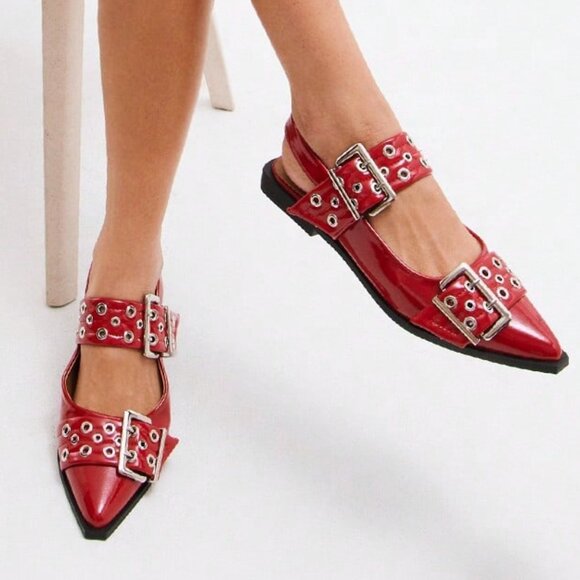 Red Punk Women's Oversized Buckle Flats - Picture 1 of 6